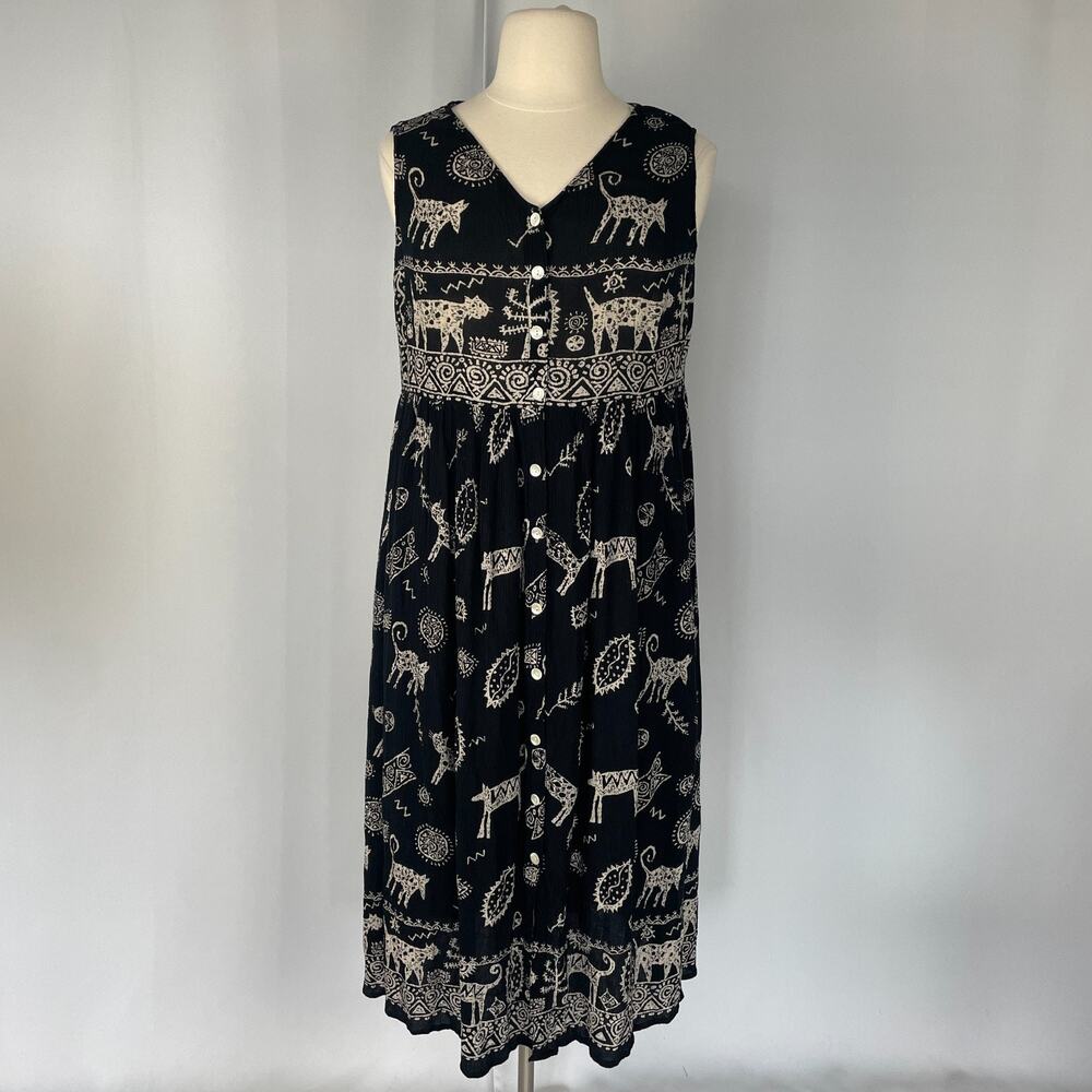 Vintage Casual Dress Size Large XL Navy Blue White Animal Tribal Print Boho